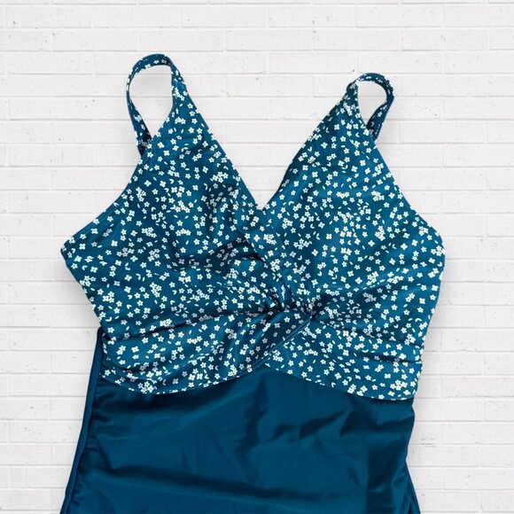 BLOOMCHIC Teal Ditsy Floral Patchwork Gathered Floral Swimsuit Swim Suit L 12 - Picture 4 of 8